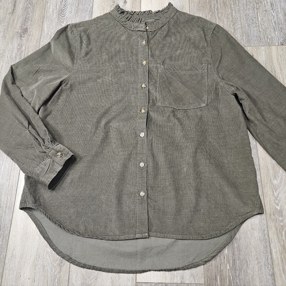 Angels Forever Young Green Micro Corduroy Button Down Blouse Women's Medium